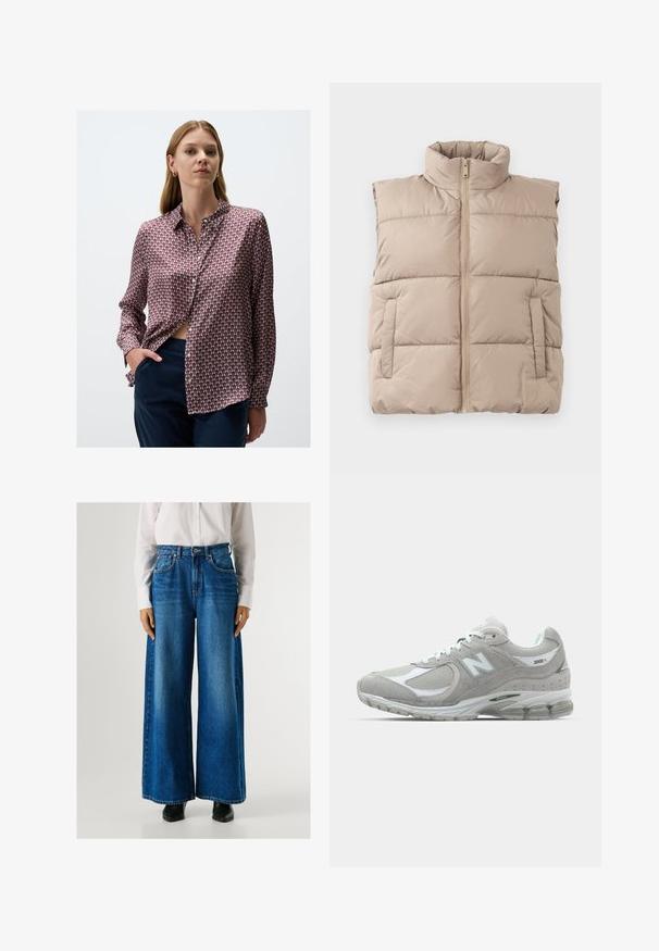 Gilet sans manches rembourré beige avec col montant, fermeture éclair frontale et deux poches latérales, posé à plat sur un fond blanc.; Chemise à manches longues dans un motif géométrique rouge et bleu, fabriquée en tissu lisse avec un col et une fermeture à bouton, rentré dans un pantalon sombre.; Jeans larges bleus à taille haute, confectionnés en denim, avec des poches avant et une fermeture à bouton. Texture lisse avec un lavage classique.; La sneaker New Balance 2002R gris clair possède une tige en cuir suédé et en mesh, des accents blancs, une semelle rembourrée et une technologie de coussinage visible.