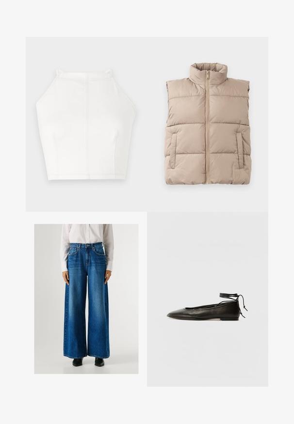 Pieskový vypchatý bezrúčkový vest s vysokým golierom, predným zipsom a dvoma bočnými vreckami, ležiaci na bielom pozadí.; Biely skracovaný halter top s tenkými ramienkami, minimálnym švom a hladkou textúrou. Jednoduchý, čistý dizajn s mierne uvoľneným strihom.; Modré nohavice s širokými nohavicami a vysokým pásom, vyrobené z denimu, s prednými vreckami a zapínaním na gombík. Hladká textura s klasickým praním.; Čierne kožené baletky s špicatou špičkou, viazaním okolo členka a plochou podrážkou, s hladkou textúrou a minimalistickým dizajnom.