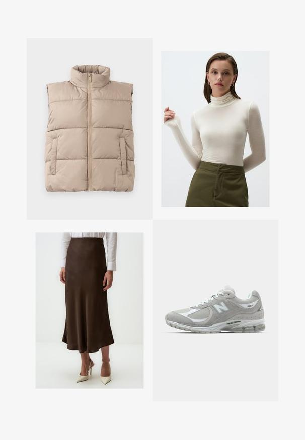 Beige gewatteerde mouwloze vest met hoge kraag, ritssluiting aan de voorkant en twee zijzakken, plat gelegd op een witte achtergrond.; Langsleeve, crèmekleurig coltrui gemaakt van lichtgewicht stof; aansluitend ontwerp met een subtiele glans en verlengde mouwen; gecombineerd met olijfgroene broeken.; Bruine satijnen midi-rok met een gladde textuur, licht uitlopende snit en een zijsplit. Gedenkt met een witte blouse met knopen en crèmekleurige hakken.; Lichtgrijze New Balance 2002R sneaker met een bovenwerk van suede en mesh, witte accenten, een gevoerde zool en zichtbare dempingstechnologie.