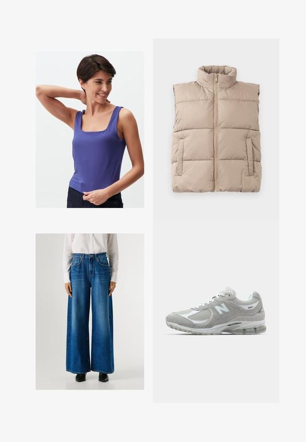 Beige gewatteerde mouwloze vest met hoge kraag, ritssluiting aan de voorkant en twee zijzakken, plat gelegd op een witte achtergrond.; Paarse mouwloze tanktop met een vierkante halslijn, gemaakt van een gladde stof, met een aansluitend lichaam en een schoon, eenvoudig ontwerp.; Blauwe wijde jeans met een hoge taille, gemaakt van denim, met voorzakken en een knoopsluiting. Soepele textuur met een klassieke wassing.; Lichtgrijze New Balance 2002R sneaker met een bovenwerk van suede en mesh, witte accenten, een gevoerde zool en zichtbare dempingstechnologie.