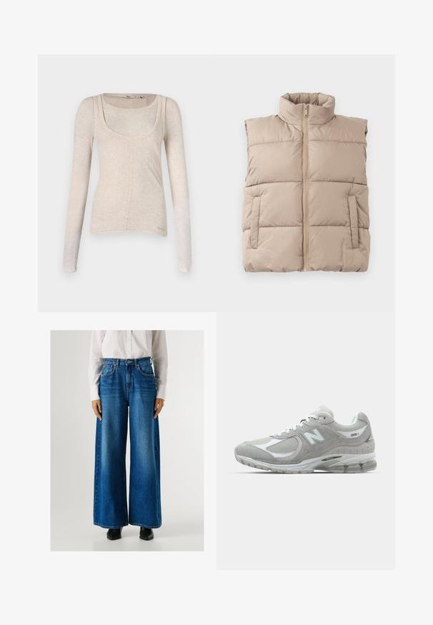 Beige, párnázott, ujjatlan mellény magas gallérral, elülső cipzárral és két oldalsó zsebbel, sík felületen, fehér háttér előtt.; Hosszú ujjú bézs felső, könnyű anyagból készült, kerek nyakkivágással, karcsú szabással és diszkrét pöttyözött textúrával.; Kék, magas derekú, bő szárú farmernadrág, elől zsebekkel és gombos záródással. Simogató textúra, klasszikus mosással.; A világosszürke New Balance 2002R sneaker velúr és hálós felsőrésszel, fehér részletekkel, párnázott talppal és látható párnázási technológiával rendelkezik.
