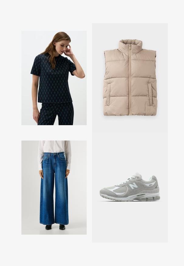 Gilet imbottito beige senza maniche con alto collo, zip frontale e due tasche laterali, posato su uno sfondo bianco.; Top nero a maniche corte con motivo geometrico in teal. Tessuto liscio e vestibilità comoda, con scollatura rotonda e leggero elasticità.; Jeans a gamba larga blu con vita alta, realizzati in denim, dotati di tasche anteriori e chiusura con bottone. Texture liscia con un lavaggio classico.; Sneaker New Balance 2002R grigio chiaro presenta una tomaia in suede e mesh, dettagli bianchi, suola ammortizzata e tecnologia di ammortizzazione visibile.