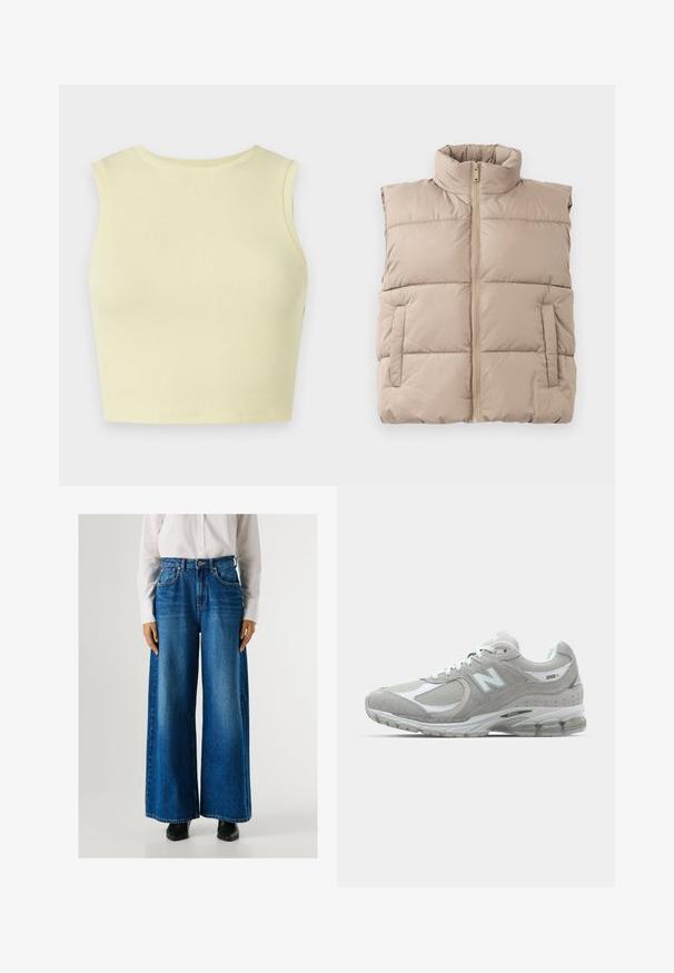 Pieskový vypchatý bezrúčkový vest s vysokým golierom, predným zipsom a dvoma bočnými vreckami, ležiaci na bielom pozadí.; Svetložltý rebrovaný crop top s okrúhlym výstrihom, bez rukávov a priliehavým strihom. Hladká textura s priedušnou pleteninou.; Modré nohavice s širokými nohavicami a vysokým pásom, vyrobené z denimu, s prednými vreckami a zapínaním na gombík. Hladká textura s klasickým praním.; Svetlo šedá teniska New Balance 2002R má zvršok z semišu a sieťoviny, biele akcenty, polstrovanú podrážku a viditeľnú technológiu tlmenia.