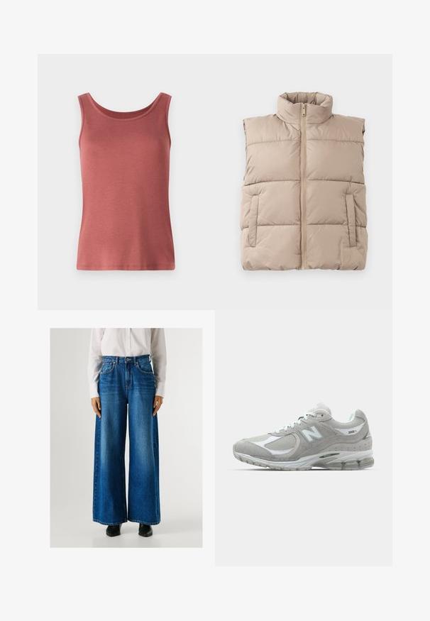 Beige polstret ærmeløs vest med høj krave, frontlynlås og to sidelommer, lagt fladt på en hvid baggrund.; Rød bomulds tanktop med rund hals og brede stropper, der har en glat tekstur og en tætsiddende silhuet. Ingen mønstre eller udsmykninger.; Blå vidde jeans med høj talje, lavet af denim, med forlommer og knappelukning. Glat tekstur med en klassisk vask.; Lysegrå New Balance 2002R sneakers har en overdel i ruskind og mesh, hvide detaljer, polstret sål og synlig støddæmpningsteknologi.
