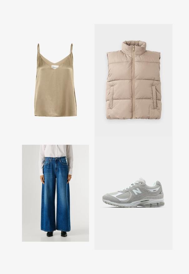Beige polstret ærmeløs vest med høj krave, frontlynlås og to sidelommer, lagt fladt på en hvid baggrund.; Satin top med justerbare stropper, der har en dyb V-halsudskæring; farven er dæmpet guld med en glat, skinnende tekstur og minimale designelementer.; Blå vidde jeans med høj talje, lavet af denim, med forlommer og knappelukning. Glat tekstur med en klassisk vask.; Lysegrå New Balance 2002R sneakers har en overdel i ruskind og mesh, hvide detaljer, polstret sål og synlig støddæmpningsteknologi.