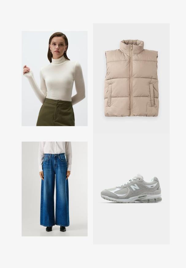 Beige padded sleeveless vest with high collar, front zipper, and two side pockets, laid flat on a white background.; Long-sleeve, cream turtleneck top made of lightweight fabric; fitted design with subtle sheen and extended sleeves; paired with olive green pants.; Blue wide-leg jeans with a high waist, made from denim, featuring front pockets and a button closure. Smooth texture with a classic wash.; Light gray New Balance 2002R sneaker features a suede and mesh upper, white accents, cushioned sole, and visible cushioning technology.