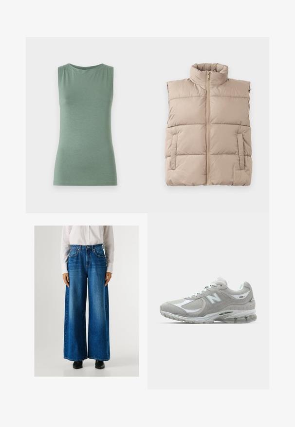 Gilet imbottito beige senza maniche con alto collo, zip frontale e due tasche laterali, posato su uno sfondo bianco.; Top verde senza maniche realizzato in tessuto morbido, con scollo rotondo e forma aderente. Design minimalista senza pattern né embellishments.; Jeans a gamba larga blu con vita alta, realizzati in denim, dotati di tasche anteriori e chiusura con bottone. Texture liscia con un lavaggio classico.; Sneaker New Balance 2002R grigio chiaro presenta una tomaia in suede e mesh, dettagli bianchi, suola ammortizzata e tecnologia di ammortizzazione visibile.