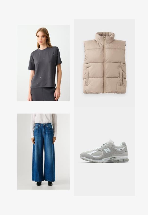 Beige gesteppte ärmellose Weste mit hohem Kragen, Frontreißverschluss und zwei Seitentaschen, flach auf einem weißen Hintergrund ausgelegt.; Grauer kurzärmeliger Sweatshirt mit Rundhalsausschnitt, verziert mit verstreuten kleinen Strasssteinen. Glattes Material mit lockerer Passform.; Blaue Schlagjeans mit hoher Taille, aus Denim gefertigt, mit Fronttaschen und Knopfverschluss. Glatte Textur mit klassischer Waschung.; Die hellgraue New Balance 2002R Sneaker verfügt über ein Obermaterial aus Wildleder und Mesh, weiße Akzente, eine gepolsterte Sohle und sichtbare Dämpfungstechnologie.
