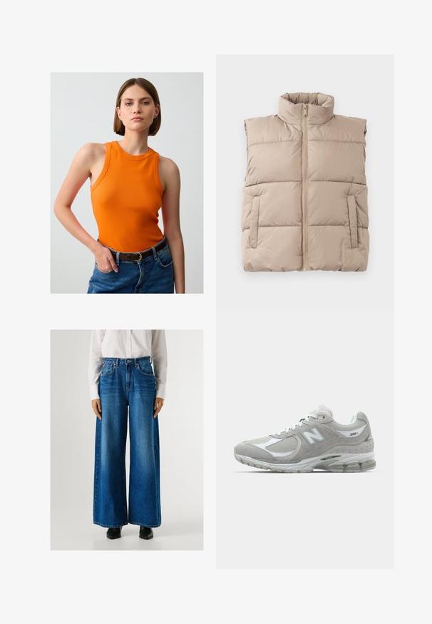 Beige gewatteerde mouwloze vest met hoge kraag, ritssluiting aan de voorkant en twee zijzakken, plat gelegd op een witte achtergrond.; Oranje mouwloze tanktop in een aansluitend ontwerp, gemaakt van gladde stof. Gecombineerd met hoge, blauwe denim jeans en een bruine riem.; Blauwe wijde jeans met een hoge taille, gemaakt van denim, met voorzakken en een knoopsluiting. Soepele textuur met een klassieke wassing.; Lichtgrijze New Balance 2002R sneaker met een bovenwerk van suede en mesh, witte accenten, een gevoerde zool en zichtbare dempingstechnologie.