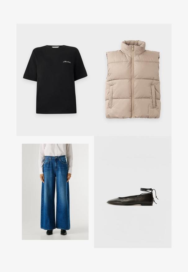 Beesvärvitud pehmendatud ilma varrukateta vest kõrge kraega, esi tõmblukk ja kaks külgtaskut, lamab tasaseks valge tausta peal.; Must beebi musta puuvillane t-särk lühikeste varrukatega ja ümar kaelus. Vasakul rinnakorvil on valge tikandiga tekst. Sile tekstuur.; Sinine laiemate säärega teksapüksid kõrge vöökohaga, valmistatud denimist, kus on ees taskud ja nööbiga kinnitamine. Sile tekstuur klassikalises pesus.; Must mustast balletijalatsid, millel on terav nina, pahkluu seotud ja lame tall, sujuva tekstuuri ning minimalistlik disain.