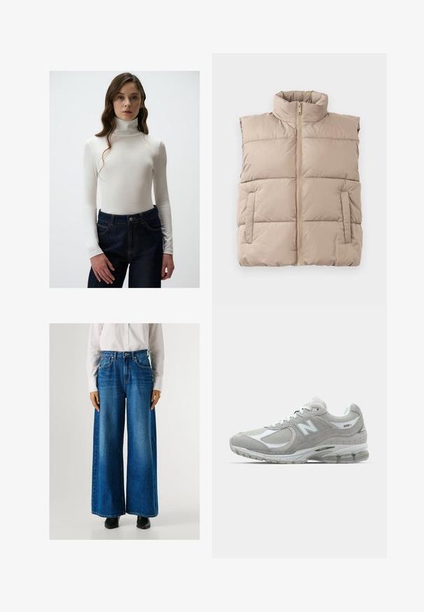 Beige gesteppte ärmellose Weste mit hohem Kragen, Frontreißverschluss und zwei Seitentaschen, flach auf einem weißen Hintergrund ausgelegt.; Weißes, geripptes Turtleneck-Oberteil mit langen Ärmeln, kombiniert mit hochgeschnittenen, dunkelblauen Jeans aus Denim mit Knopfverschluss und orangefarbenen Nähten.; Blaue Schlagjeans mit hoher Taille, aus Denim gefertigt, mit Fronttaschen und Knopfverschluss. Glatte Textur mit klassischer Waschung.; Die hellgraue New Balance 2002R Sneaker verfügt über ein Obermaterial aus Wildleder und Mesh, weiße Akzente, eine gepolsterte Sohle und sichtbare Dämpfungstechnologie.
