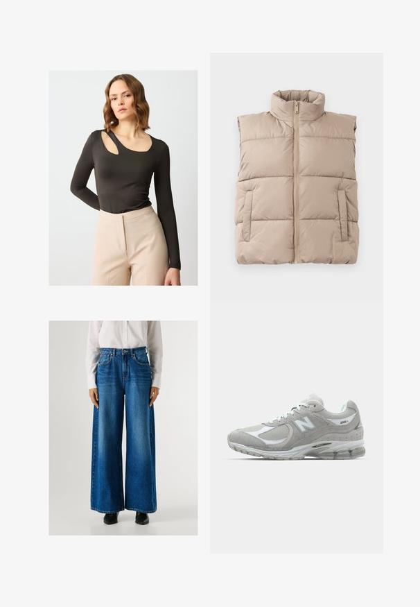 Beige gesteppte ärmellose Weste mit hohem Kragen, Frontreißverschluss und zwei Seitentaschen, flach auf einem weißen Hintergrund ausgelegt.; Dunkelolivgrünes Langarmoberteil mit einem einzigartigen Ausschnitt an einer Schulter, glattem Stoff und figurbetonter Silhouette, kombiniert mit beigen, hochtaillierten Hosen.; Blaue Schlagjeans mit hoher Taille, aus Denim gefertigt, mit Fronttaschen und Knopfverschluss. Glatte Textur mit klassischer Waschung.; Die hellgraue New Balance 2002R Sneaker verfügt über ein Obermaterial aus Wildleder und Mesh, weiße Akzente, eine gepolsterte Sohle und sichtbare Dämpfungstechnologie.