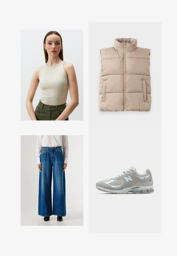 Beżowa, pikowana kamizelka bez rękawów z wysokim kołnierzem, zamek z przodu i dwiema bocznymi kieszeniami, leżąca płasko na białym tle.; Beżowy top na ramiączkach z prążkowanej tkaniny o wysokim dekolcie i wąskich ramiączkach, zestawiony z ciemnozielonymi spodniami o wysokim stanie z bocznymi kieszeniami.; Niebieskie dżinsy o szerokich nogawkach i wysokim stanie, wykonane z denimu, z przednimi kieszeniami i zapięciem na guzik. Gładka faktura o klasycznym wykończeniu.; Jasnoszare sneakersy New Balance 2002R mają zamszową i siateczkową cholewkę, białe akcenty, amortyzowaną podeszwę oraz widoczną technologię amortyzacji.