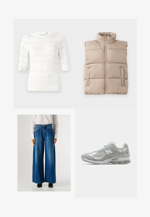 Beesvärvitud pehmendatud ilma varrukateta vest kõrge kraega, esi tõmblukk ja kaks külgtaskut, lamab tasaseks valge tausta peal.; Valge kudumiskangast särk lühikeste varrukatega. Viljelab laine- ja diamantrute, soonilised mansetid ja ümmargune dekoltee. Valmistatud kergest materjalist.; Sinine laiemate säärega teksapüksid kõrge vöökohaga, valmistatud denimist, kus on ees taskud ja nööbiga kinnitamine. Sile tekstuur klassikalises pesus.; Heled hall New Balance 2002R jooksujalats on varustatud nahast ja võrkkatetega ülemise osaga, valgete detailide ning pehme tald ja nähtava pehmendustehnoloogiaga.