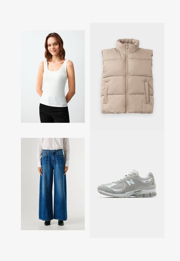 Gilet imbottito beige senza maniche con alto collo, zip frontale e due tasche laterali, posato su uno sfondo bianco.; Canotta bianca a costine con scollatura rotonda, spalline larghe e una silhouette aderente. Realizzata in un tessuto liscio con una sottile texture.; Jeans a gamba larga blu con vita alta, realizzati in denim, dotati di tasche anteriori e chiusura con bottone. Texture liscia con un lavaggio classico.; Sneaker New Balance 2002R grigio chiaro presenta una tomaia in suede e mesh, dettagli bianchi, suola ammortizzata e tecnologia di ammortizzazione visibile.