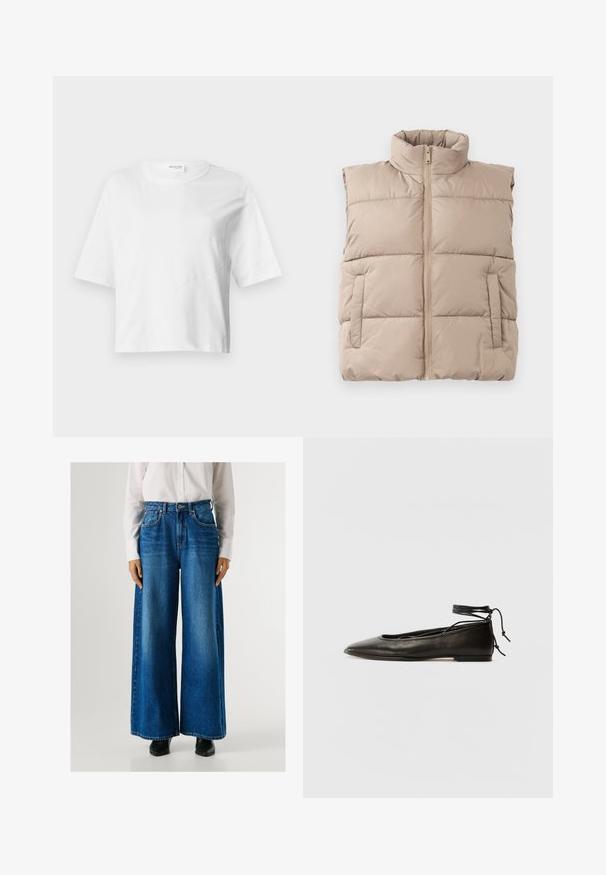 Beige, párnázott, ujjatlan mellény magas gallérral, elülső cipzárral és két oldalsó zsebbel, sík felületen, fehér háttér előtt.; Fehér, rövid ujjú, lágy anyagból készült, crop fazonú póló, kerek nyakkivágással és hullámos varrási részletekkel a textúra érdekében.; Kék, magas derekú, bő szárú farmernadrág, elől zsebekkel és gombos záródással. Simogató textúra, klasszikus mosással.; Fekete bőr balettcipők hegyes orral, bokakötővel és lapos talppal, sima textúrával és minimalista dizájnnal.