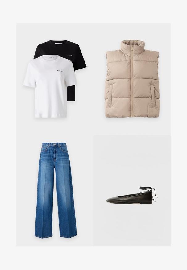 Bežinė pūsta be rankovių liemenė su aukštu apykakle, priekiniais užtrauktukais ir dviem šoninėmis kišenėmis, išdėstyta ant balto fono.; Du dušo trumpo rankovės marškiniai juodos ir baltos spalvos, pagaminti iš medvilnės. Abu turi apvalią kaklą ir mažą "SELECTED" logotipą ant krūtinės.; Plati kojinės džinsai vidutinio mėlynumo išplovime, turintys klasikinį penkių kišenių dizainą, diržo kilpas ir užtrauktuko uždarymą.; Juodi odiniai balerinų bateliai su smailiu pirštu, kulkšnies raiščiu ir plokščiu padu, pasižymintys lygiu paviršiumi ir minimalizmo dizainu.