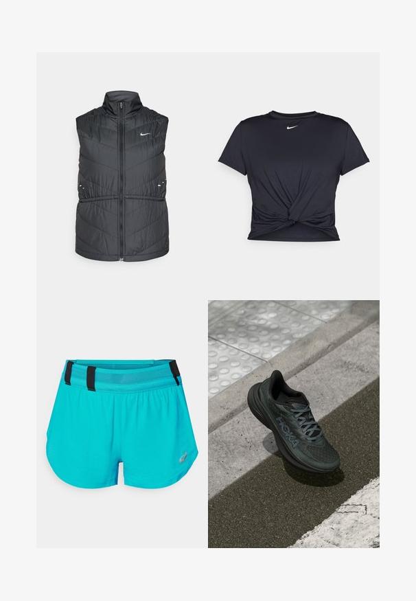 Svart polstret vest med høy krage og glidelås foran. Har sikksakk-søm og små reflekterende detaljer, med en Nike-logo på brystet.; Svart trenings T-skjorte laget av glatt stoff, med en knyttet frontdesign og en liten hvit Nike-logo på brystet.; ASICS METARUN SPLIT SHORT - Sports shorts - wave teal; Svart løpesko med mesh-overdel, teksturerte detaljer og logo, med en polstret såle og grå snøringer, plassert på asfalt.