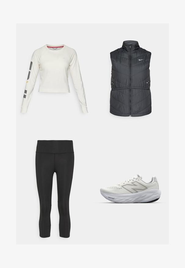 Black padded vest with a high collar and front zipper. Features chevron stitching and small reflective accents, with a Nike logo on the chest.; Light cream long-sleeve crop top with raglan sleeves, featuring a small logo on the chest and graphic accents on the left sleeve.; Black capri leggings made from smooth, stretchy material. Features a wide waistband and no visible patterns or accents.; White athletic shoes with a mesh upper, featuring a padded collar, textured sole, and the "Fresh Foam" branding on the midsole.