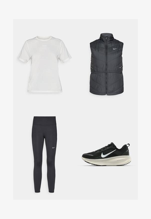 Czarna pikowana kamizelka z wysokim kołnierzem i przednim zamkiem błyskawicznym. Posiada przeszycia w kształcie jodełki oraz małe odblaskowe elementy, a na piersi znajduje się logo Nike.; Biała koszulka sportowa z krótkim rękawem, wykonana z siateczkowego materiału, z okrągłym dekoltem i małym logo "Salomon" umieszczonym na środku klatki piersiowej.; Czarne legginsy z elastycznego materiału, z wysokim pasem i białym logo Nike na lewym udzie. Gładka tekstura, dopasowany krój.; Czarna biegowa półbut z oddychającej siateczki, białym logo swoosh, teksturowanymi detalami oraz kremową podeszwą środkową ZoomX.