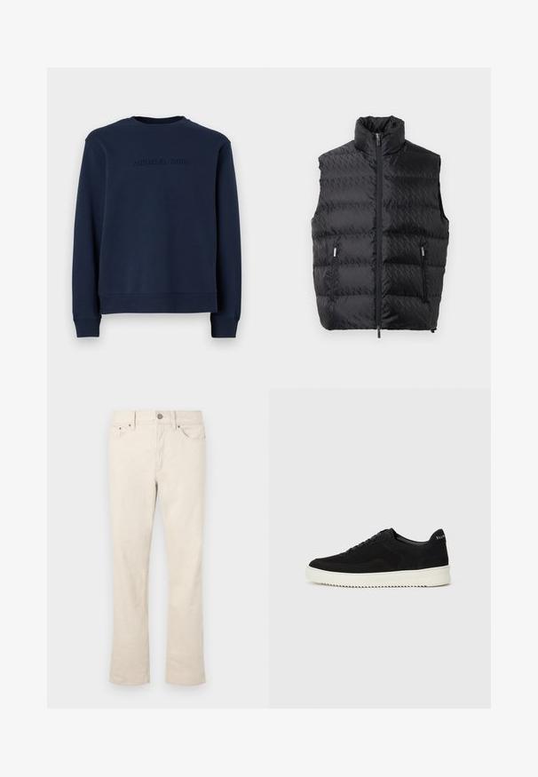 Colete acolchoado preto com gola alta, fecho de correr à frente e dois bolsos laterais. Apresenta um padrão geométrico em relevo subtil no tecido.; Sweatshirt azul-marinho feito de material suave, com mangas longas, decote redondo e um logótipo em relevo "MICHAEL KORS" na frente.; Calças de ganga em mistura de algodão, cor bege, com um design de perna reta. Apresenta um fecho frontal com botão e zipper, cinco bolsos e detalhes de costura subtil.; Sapatilhas de camurça pretas com design de atacadores e sola de borracha branca em contraste. Apresenta painéis laterais texturizados e uma marcação discreta no calcanhar.