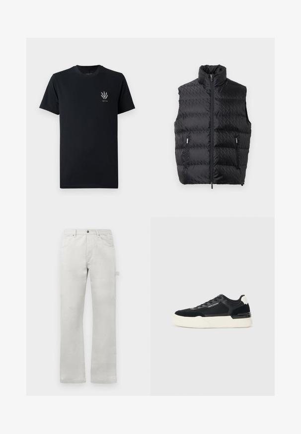 Černá prošívaná vesta s vysokým límcem, předním zipem a dvěma bočními kapsami. Disponuje jemným embosovaným geometrickým vzorem na látce.; Černé bavlněné tričko s kulatým výstřihem, krátkými rukávy a malou grafikou mečů v bílé barvě na levé části hrudi.; Svetle šedé kalhoty se středním střihem, vyrobené z hladké bavlněné tkaniny, s předními kapsami a boční kapsou na cargo.; Černé tenisky vyrobené z mřížkového materiálu a kůže, s výraznou bílou podešví a kontrastními akcenty. Šněrování a detail loga na straně.