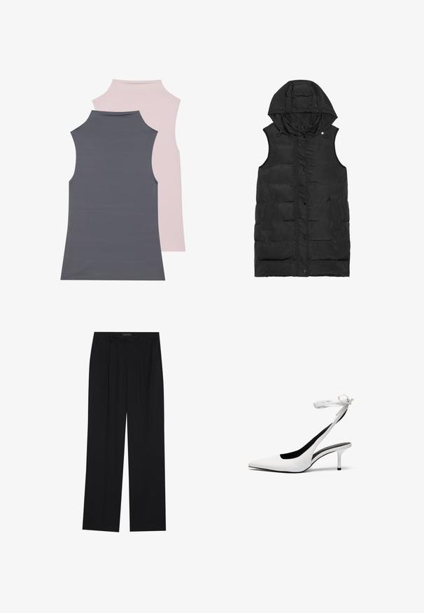 Sort udenærmet puffer vest med hætte, featuring en trykknaplukning, sidelommer og vandret quiltet tekstur.; To sove løse toppe i blødt stof; en grå og en lys rosa. Begge har en høj halsudskæring og glat tekstur.; Sorte bukser med en lige ben-design, der har to forlommer og en talje. Lavet af et glat, let stof.; Hvide spidse slingback hæle med en tynd ankelrem. Glat lædermateriale, tynd stilethæl og en sort inderside.