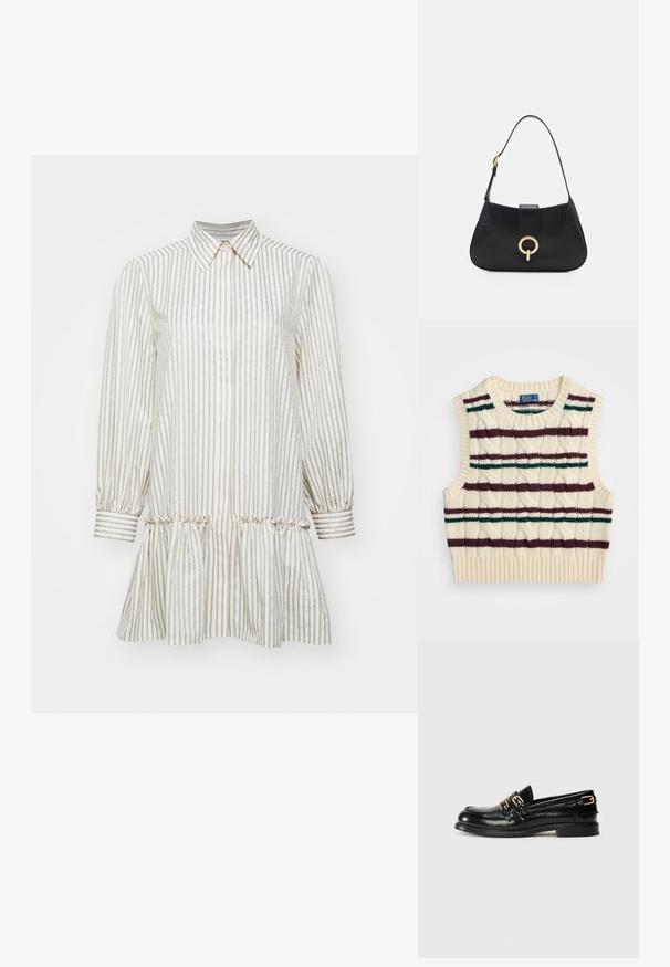 Vesta tricotată din fildeș, cu tiv cu nervuri și design fără mâneci. Prezintă dungi orizontale verzi și bordo, precum și un model texturat în formă de diamant.; sandro DRESS WITH STRIPE - Rochie tip cămașă - kaki/rose; Loafers din piele neagră cu un finisaj lucios, având două catarame aurii și un toc jos. Textură netedă cu un design cu vârf rotund.; Geantă din piele neagră cu o silueta curbată, curea scurtă, accesorii centrala de nuanță aurie și textură netedă. Fără modele sau accente vizibile.