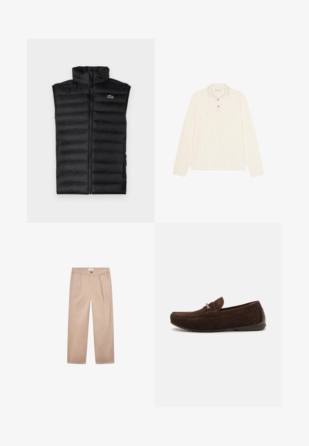 Juodas pūkinis liemenė su aukštu apykakle, užtrauktuku ir horizontaliomis juostomis. Ant krūtinės yra mažas Lacoste krokodilo logotipas.; Ilgų rankovių polos marškiniai kreminės spalvos, su plokščiu apykakle, trijų mygtukų užsegimu su auksinėmis mygtukų detalėmis ir minkšta, tekstūrizuota medžiaga.; Medvilniniai chaki spalvos kelnių su tiesiomis kojomis, turinčių dvi priekinės kišenes, sagą ir klasikinį siluetą.; Rudos zomšos loaferiai su siuvinėtu dizainu, subtilia tekstūra, apvalia nosimi ir sidabro akcentu. Žemas guminis padas komfortui.