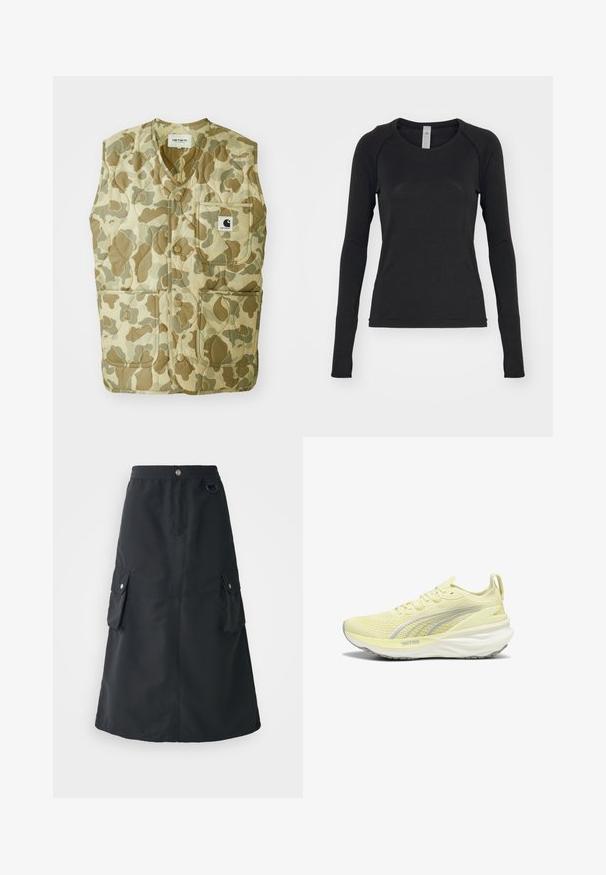 Álcázott mintázatú mellény steppelt kialakítással, v nyakkivágással, négy zsebbel és logós címkével. Az anyagok tartósak és könnyűek.; Fekete hosszú ujjú póló, puha anyagból készült. Kerek nyakú és rakott ujjal rendelkezik, az ujjak végén hüvelykujjnak való nyílással. Minimalista dizájn.; Fekete, középidőig érő szoknya könnyű anyagból, gumis derékrésszel, két cargo zsebbel és finom fénylő felülettel.; Világos sárga sportcipő, texturált felsőrésszel, szürke akcentusokkal és párnázott talppal. Fűzős kialakítású, és húzófüllel rendelkezik a saroknál.