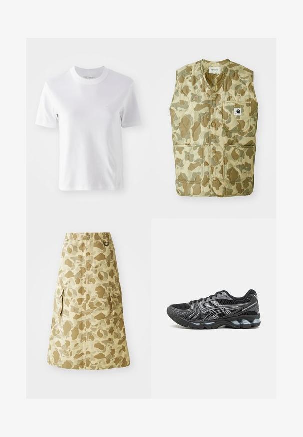 Vesta s kamuflážním vzorem a prošívaným designem, s výstřihem do V, čtyřmi kapsami a štítkem s logem. Materiály jsou odolné a lehké.; Bílé krátké bavlněné tričko s krátkým rukávem, kulatým výstřihem a malým vyšitým logem na hrudi, hladkou texturou a jednoduchým designem.; Khaki sukně s maskáčovým vzorem, vyrobena z hladkého materiálu, s elastickým pasem a dvěma bočními kapsami.; Černá sportovní bota s vrchní částí ze síťoviny, stříbrnými akcenty a polstrovanou podrážkou. Obsahuje šněrovací design a texturovaný vzor pro lepší přilnavost.