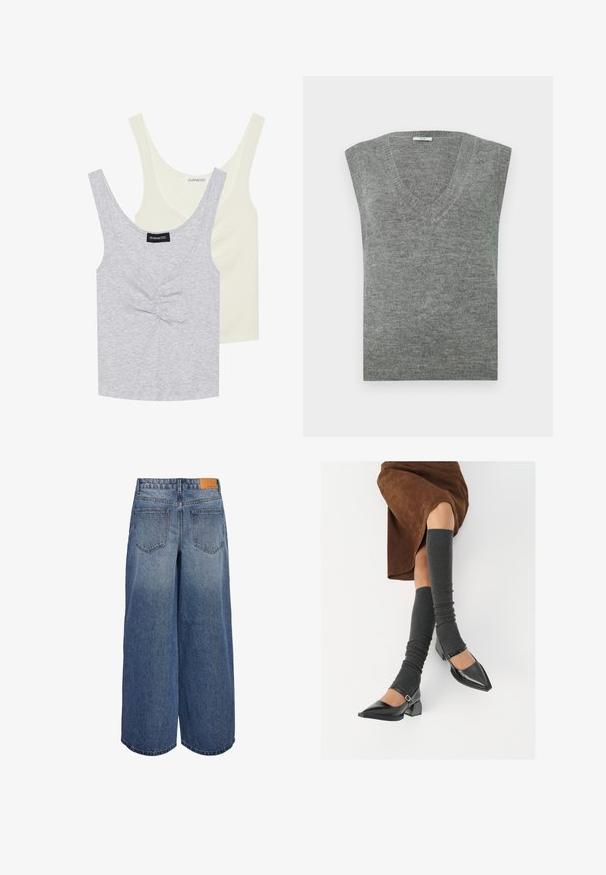 Gray sleeveless V-neck sweater crafted from soft material with a smooth texture and ribbed neckline. Simple design, no patterns or accents.; Two tank tops: one light gray with a textured pattern and front buttons, and one solid cream. Both have wide straps and a scoop neckline.; Wide-leg denim culottes in medium blue wash with a faded texture, featuring two back pockets and a brown leather brand tag on the waistband.; Black patent leather pointed-toe shoes with a block heel and ankle strap, paired with gray ribbed leg warmers and a brown suede skirt.