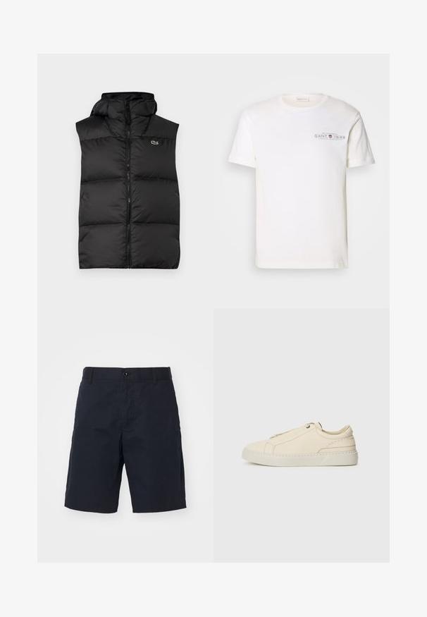 Črna puhovka brez rokavov s kapuco, ki ima osrednji zadrgo in majhen logotip. Narejena iz sijočega, toplotno izoliranega materiala s prešito zasnovo.; Bela bombažna majica s kratkimi rokavi in okroglim izrezom, s tiskanim logotipom. Ima minimalističen dizajn in udoben kroj.; Črne bombažne kratke hlače z ravnim sprednjim delom, stranskimi žepi, gumbom za zapiranje in ravnim krojem. Brez vidnih vzorcev ali poudarkov.; Bež usnjeni športni copat s zaobljenim nosom, minimalistična zasnova, subtilne šivane podrobnosti in teksturirana zgornja stran, na svetlem podplatu.