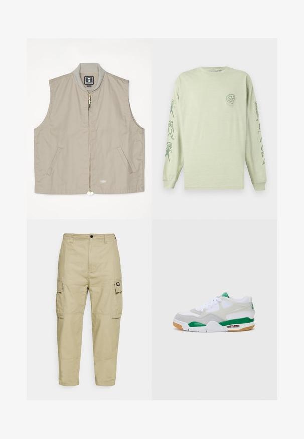 Beige bezrukávová vesta s žebrovaným límcem, předním zipem, dvěma bočními kapsami a logem na dolním pravém rohu.; Světle zelené bavlněné tričko s dlouhým rukávem, které na hrudi zdobí malé logo a podél rukávů jsou abstraktní vzory v tmavě zelené barvě.; Beige cargo kalhoty vyrobené z odolné tkaniny, s dvěma bočními kapsami, knoflíkovým zapínáním a tapered nohavicemi se hladkým povrchem.; Bílé tenisky s šedými semišovými akcenty, zelenými detaily, viditelnou vzduchovou jednotkou a gumovou podrážkou. Mají šněrovací design a polstrovaný límec.
