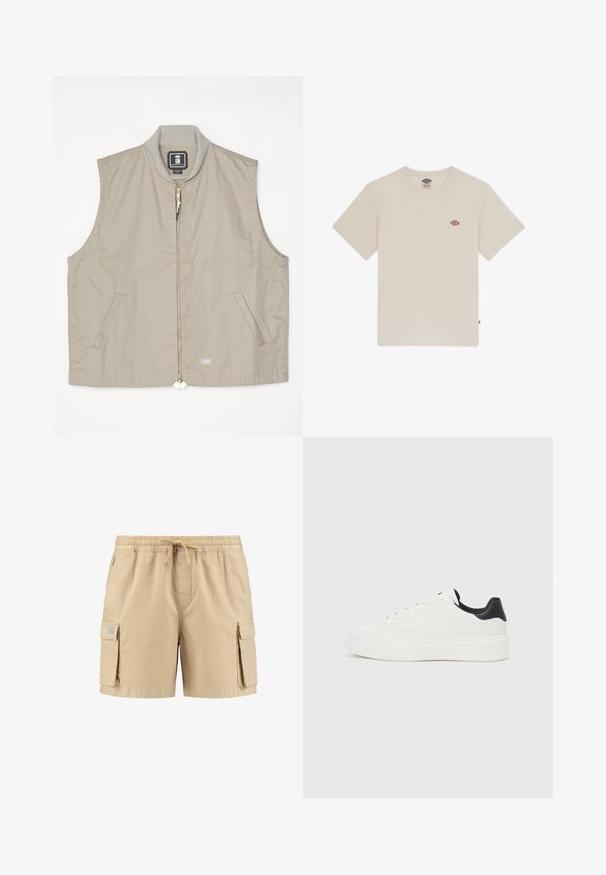 Gilet senza maniche beige con colletto a coste, chiusura frontale con zip, due tasche laterali e una patch con logo sul lato destro in basso.; T-shirt in cotone color crema con maniche corte, scollatura rotonda e un piccolo logo ricamato multicolore sul petto.; Pantaloni cargo beige con vita elastica, cordoncino e due tasche laterali, caratterizzati da una texture liscia e dettagli di cucitura minimi.; Sneaker in pelle bianca con motivo stampato, suola intermedia bianca testurizzata e accentuazione nera sul tallone. Presenta punta arrotondata e lacci piatti.