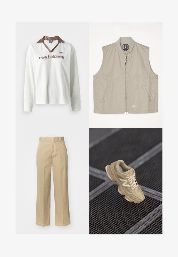 Colete bege sem mangas com gola canelada, fecho frontal com zíper, dois bolsos laterais e um patch de logotipo no lado inferior direito.; Camisa de malha branca de mangas longas com colarinho de cetim castanho. Apresenta o logótipo "new balance" em castanho na parte da frente. Design desportivo casual.; Calças largas bege feitas de algodão, com passantes para cinto, fecho com zip e costuras em contraste ao longo das costuras.; Sapatilha atlética bege feita com materiais de nylon e camurça, parte superior texturizada, bico arredondado, sola espessa e logótipo proeminente. Cadarços na cor correspondente.