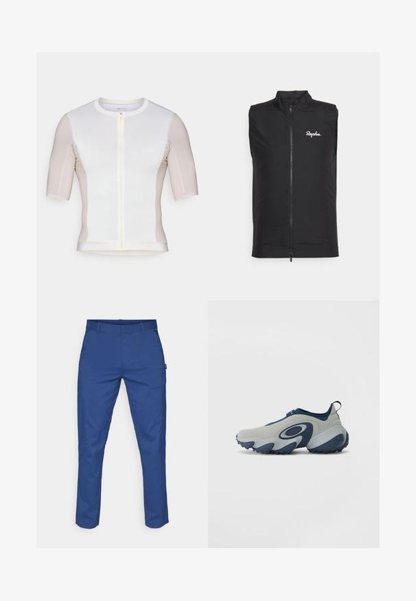 Svart ermeløs sykkelvest laget av lett stoff, med høy krage og frontglidelås, og hvit "Rapha" logo på venstre bryst.; Kortermet sykkeltrøye i hvit og lys beige, med glidelås foran, glatt tekstur og diskret logo-detaljering på brystet.; Blå bukser lavet af glat stof, med lige snit, to sidelommer og bæltestropper. Ingen synlige mønstre eller hardwaredetaljer.; Sko med grå overdel og marineblå aksenter, har et buet design, jevn tekstur og en kraftig såle med gummimønster i blå farge.