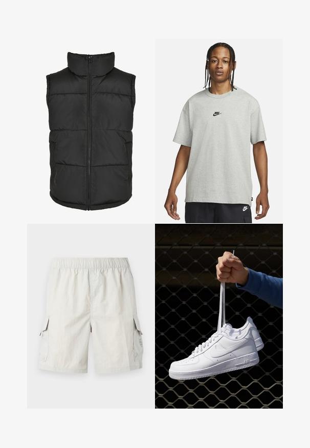 Sort polstret vest med høj krave, frontlynlås og uden ærmer. Har kviltede sektioner og sidelommer for praktisk brug.; Ung person med fletninger iført en lys grå Nike T-shirt og sorte Nike shorts mod en ensfarvet hvid baggrund.; Lys grå cargo shorts med elastisk talje, der har to sidelommer og et diskret logo på venstre lomme.; Hvide lædersneakers med perforeringer, rund tå, flad sål og tykke snørebånd, med et synligt swoosh-logo og "AIR" på hælen.