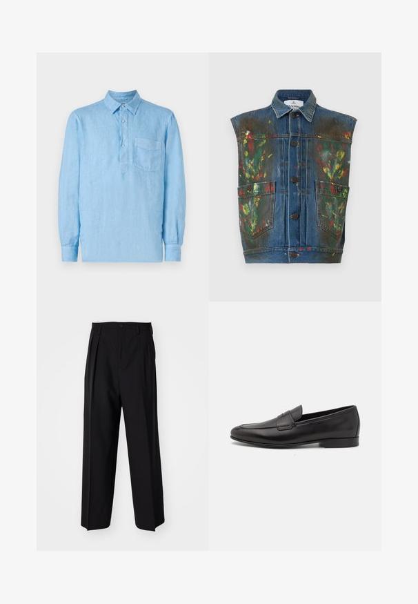 Vivienne Westwood MARLENE VEST UNISEX - Waistcoat - blue/multi coloured; Light blue long-sleeve linen shirt with a buttoned placket, pointed collar, and a chest pocket. Textured fabric and relaxed fit.; Black pleated trousers with a straight, wide-leg design. Made from smooth fabric, featuring a button closure and belt loops.; Black leather men's loafer with a low heel and a classic penny strap design, shown in side profile on a white background.
