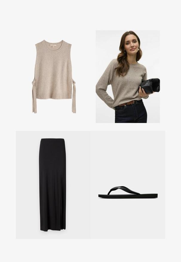 Bēša adīta bez piedurknēm blūze ar apaļu dekoltē, ribotu apakšmalu un saitēm abās pusēs. Mīksta tekstūra ar minimālistisku dizainu.; Beidžs adīts džemperis ar garām piedurknēm, apaļu kakla izgriezumu un mīkstu tekstūru. Apvienots ar tumšiem džinsu biksēm un turēts melns ādas maciņš.; Melnā maxi svārki ir izgatavoti no mīksta, elastīga materiāla. Iedarbība ir sānu šķiršanās un vienkāršs, plūstošs dizains bez rotājumiem.; Melna gumijas flip-flop sandaļa ar teksturētu nolaists jostu un vienkāršu plakanā zole, attēlota no sāniem uz vienkārša gaiša fona.