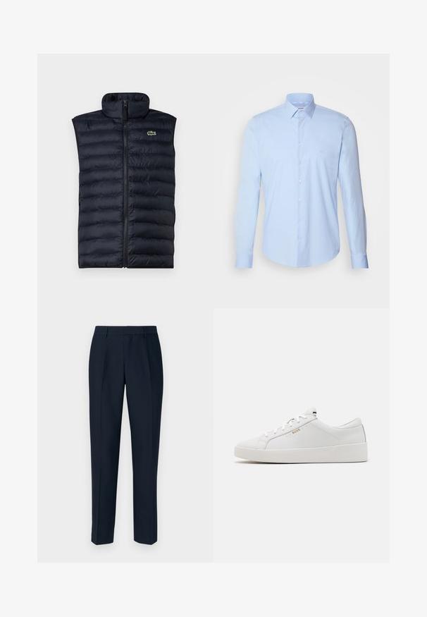 Navy puffer vest with high collar, front zipper, and horizontal quilted pattern. Features a small green logo on the upper left side.; Light blue button-up shirt made of cotton, featuring a classic collar, long sleeves, and a small logo on the chest. Smooth texture.; Navy tailored trousers with a straight cut, featuring pleats in the front, a smooth texture, and standard belt loops.; BOSS BELWAR - Trainers - white