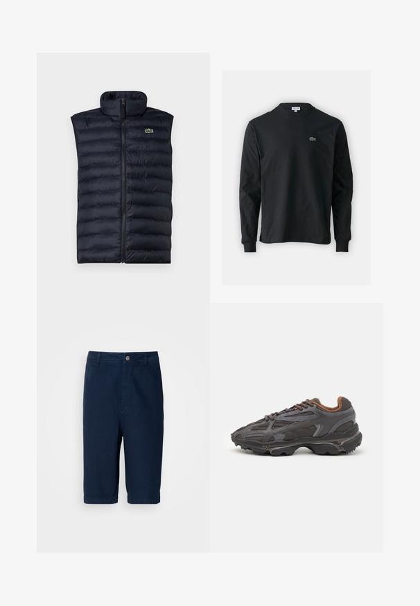Námornícky puffový vestový kabát s vysokým golierom, predným zipsom a horizontálnym prešívaním. Obsahuje malú zelenú nálepku v hornej ľavej časti.; Čierne tričko s dlhým rukávom vyrobené z bavlny, s okrúhlym výstrihom a malým zeleným vyšívaným logom krokodíla na ľavej hrudi.; Námornícke modré šortky z bavlnenej látky so strihom do rovna, s gombíkovým zapínaním a pútka na opasok. Majú lemované okraje a dve bočné vrecká.; Lacoste tenisky v tmavo sivej farbe z nylonu a syntetického materiálu, s textúrovanou podrážkou a hnedými akcentami na golieri a brandingu.