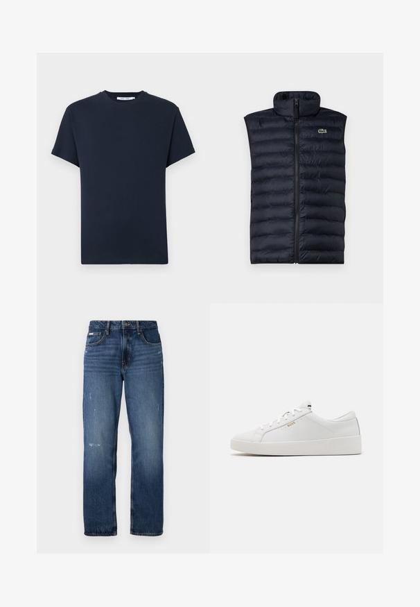 Marineblaue Steppweste mit hohem Kragen, Frontreißverschluss und horizontalem Steppmuster. Verfügt über ein kleines grünes Logo auf der oberen linken Seite.; Dunkelnavyblaues T-Shirt mit kurzen Ärmeln aus Baumwolle, mit rundem Ausschnitt und lockerer Passform. Schlicht, einfarbig ohne Muster.; Blaue Denim-Jeans mit geradem Bein. Sie verfügen über ausgewaschene Bereiche und leichte Abnutzungsspuren auf der Vorderseite sowie einen klassischen Knopfverschluss.; BOSS BELWAR - Sneaker low - white