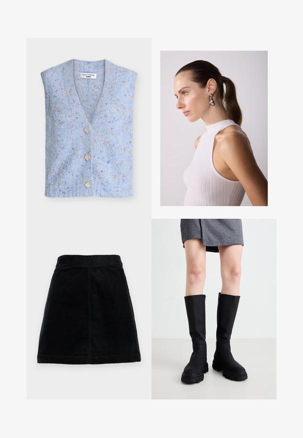 Gilet azzurro chiaro lavorato a maglia con scollo a V, quattro bottoni e tessuto strutturato con macchie multicolori diffuse.; Maglietta bianca a maniche corte con collo rotondo, vestibilità rilassata, realizzata in morbido tessuto di cotone. Texture liscia, senza motivi né loghi.; Gonna in velluto a coste nera con vita aderente, taglio dritto e tessuto testurizzato con righe verticali. Senza chiusure visibili o decorazioni.; Stivali neri al ginocchio con finitura liscia, suole spesse e una discreta cerniera laterale. Abbinati con stile a una gonna grigia a spina di pesce.; Orecchini in argento a forma di goccia con dettagli arrotondati, indossati da un modello che indossa un top senza maniche a coste bianco, evidenziando una texture liscia.