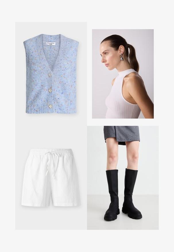 Light blue knitted vest with a v-neckline, four buttons, and a textured fabric featuring multicolored specks throughout.; White short-sleeve t-shirt with a round neck, relaxed fit, made of soft cotton fabric. Smooth texture, no patterns or logos.; White cotton shorts with an elastic waistband, drawstring detail, and a relaxed fit. Smooth texture and knee-length design.; Black knee-high boots with a smooth finish, chunky soles, and a subtle side zipper. Stylishly paired with a gray herringbone skirt.; Silver teardrop earrings with rounded accents, set against a model wearing a white ribbed sleeveless top, showcasing a smooth texture.