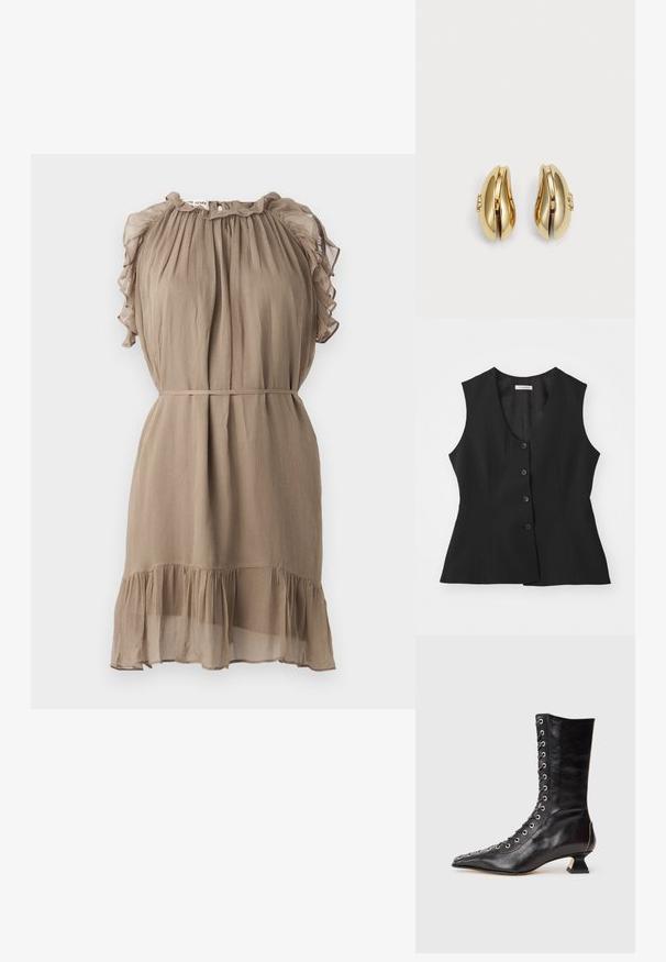 Čierny bezrukávový sveter s hlbokým výstrihom do V, uzatváranie na päť gombíkov, priliehavý strih a hladká textúra. Jednoduchý dizajn bez ďalších vzorov.; Kratké šaty vyrobené z ľahkej, textúrovanej látky v taupe farbe. Majú volánové rukávy, zvýšený výstrih a tiered lem.; Čierne kožené členkové topánky s špicatou špičkou, predným šnurovaním, kovovými očkami, nízkym blokovým podpätkom a elegantným dizajnom. Hladká textúra, moderný silueta.; Náušnice zlatého odtieňa s plynulým, zakriveným dizajnom. Každá náušnica má hladký povrch a malú sponu s dekoratívnym prvkom.