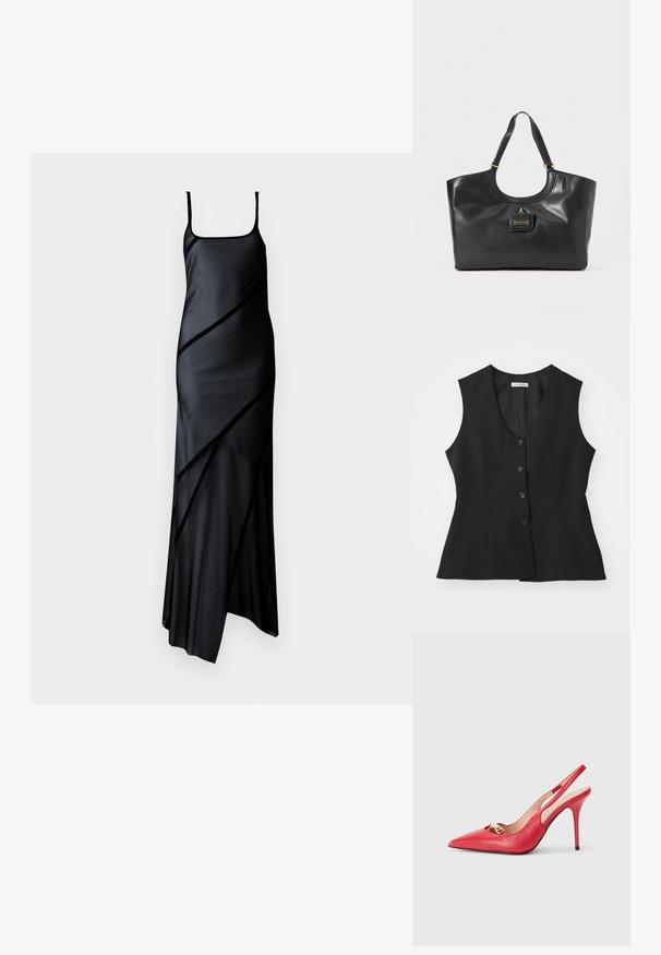 Czarna bezrękawnik z głębokim dekoltem w kształcie litery V, zapinany na pięć guzików, dopasowany krój i gładka tekstura. Prosty design bez dodatkowych wzorów.; Czarna satynowa sukienka na cienkich ramiączkach, z ukośnym panelem i rozkloszowaną spódnicą. Gładka textura i minimalistyczny design.; Czerwone skórzane czółenka na obcasie typu slingback z ostrym noskiem, złotym akcentem i błyszczącym wykończeniem. Posiadają wycięcia po bokach oraz szpilkowy obcas.; Czarna skórzana torba na ramię z połyskiem, zaokrąglonym szczytem, dwiema ramiączkami i akcentem z złotej stali na przodzie.