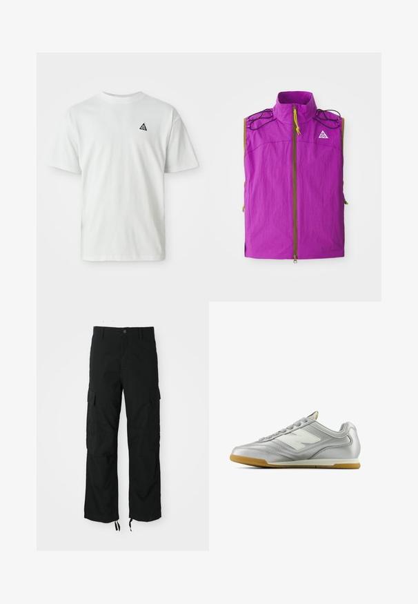 Fialová bezrukávová vesta s vysokým golierom, predným zipsom, čiernymi šnúrkami na pleciach a malým bielym trojuholníkovým logom na hrudi.; Biele tričko s krátkym rukávom a malým čiernym trojuholníkovým logom s nápisom "acg" na ľavej hrudi, na jednoduchom pozadí.; Čierne cargo nohavice vyrobené z odolnej tkaniny, s dvoma bočnými vreckami, zapínaním na gombík a nastaviteľnými spodnými časťami pre voľný a uvoľnený strih.; Strieborná atletická topánka s hladkým, lesklým povrchom, bielym logom na boku, štruktúrovanými šedými šnúrkami a gumovou podrážkou.
