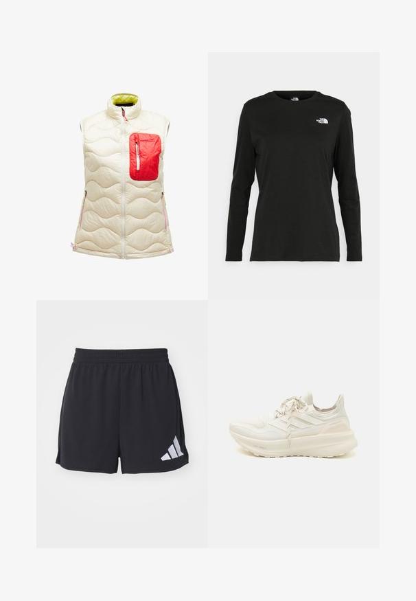 Chaleco acolchado sin mangas en marfil con un bolsillo con cremallera rojo. Presenta un patrón de olas, cremallera frontal y forro verde en contraste. Acentos en rosa.; Camiseta de manga larga negra de algodón con cuello redondo. Presenta un pequeño logotipo blanco en la parte izquierda del pecho. Diseño y ajuste simples.; Pantalones cortos deportivos negros hechos de un tejido transpirable, con una cinturilla elástica y un logo blanco de Adidas en la parte inferior izquierda.; Zapatilla deportiva blanca con un upper texturizado, diseño de tres rayas, ligero acolchado y un acento en el talón de dos colores. Tecnología de suela ligera.