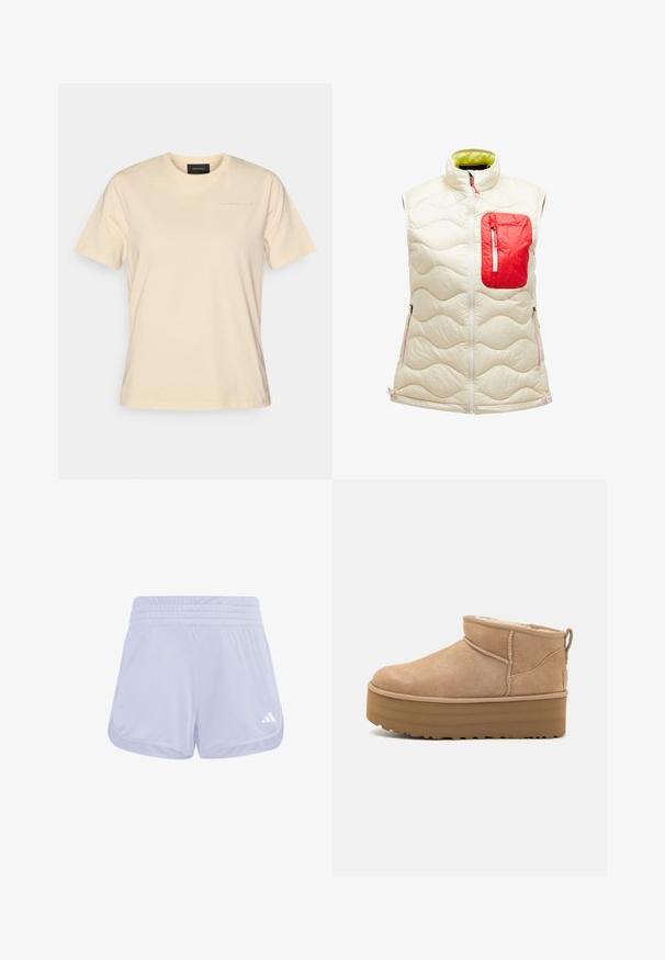 Chaleco acolchado sin mangas en marfil con un bolsillo con cremallera rojo. Presenta un patrón de olas, cremallera frontal y forro verde en contraste. Acentos en rosa.; Camiseta de manga corta y cuello redondo en algodón beige claro, con un pequeño logo tonal en el pecho y un corte relajado.; Pantalones cortos deportivos de color púrpura claro con una textura suave, cinturilla elástica y logo blanco de Adidas en la esquina inferior derecha.; Botas de tobillo de ante beige con un interior suave, que cuentan con una suela tipo plataforma y una lengüeta en la parte posterior para ponérselas fácilmente. Suela de goma texturizada.